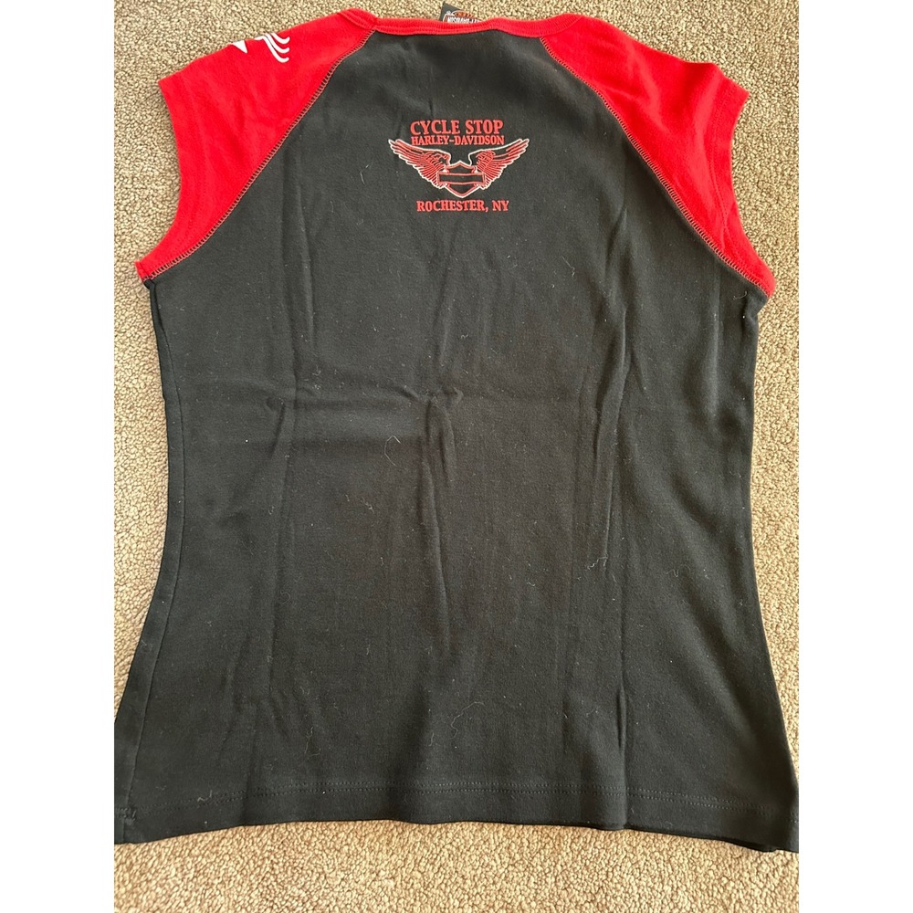 Harley-Davidson Vintage 2005 Sleeveless Raglan Top Black Red Large Rochester NY - Picture 2 of 7